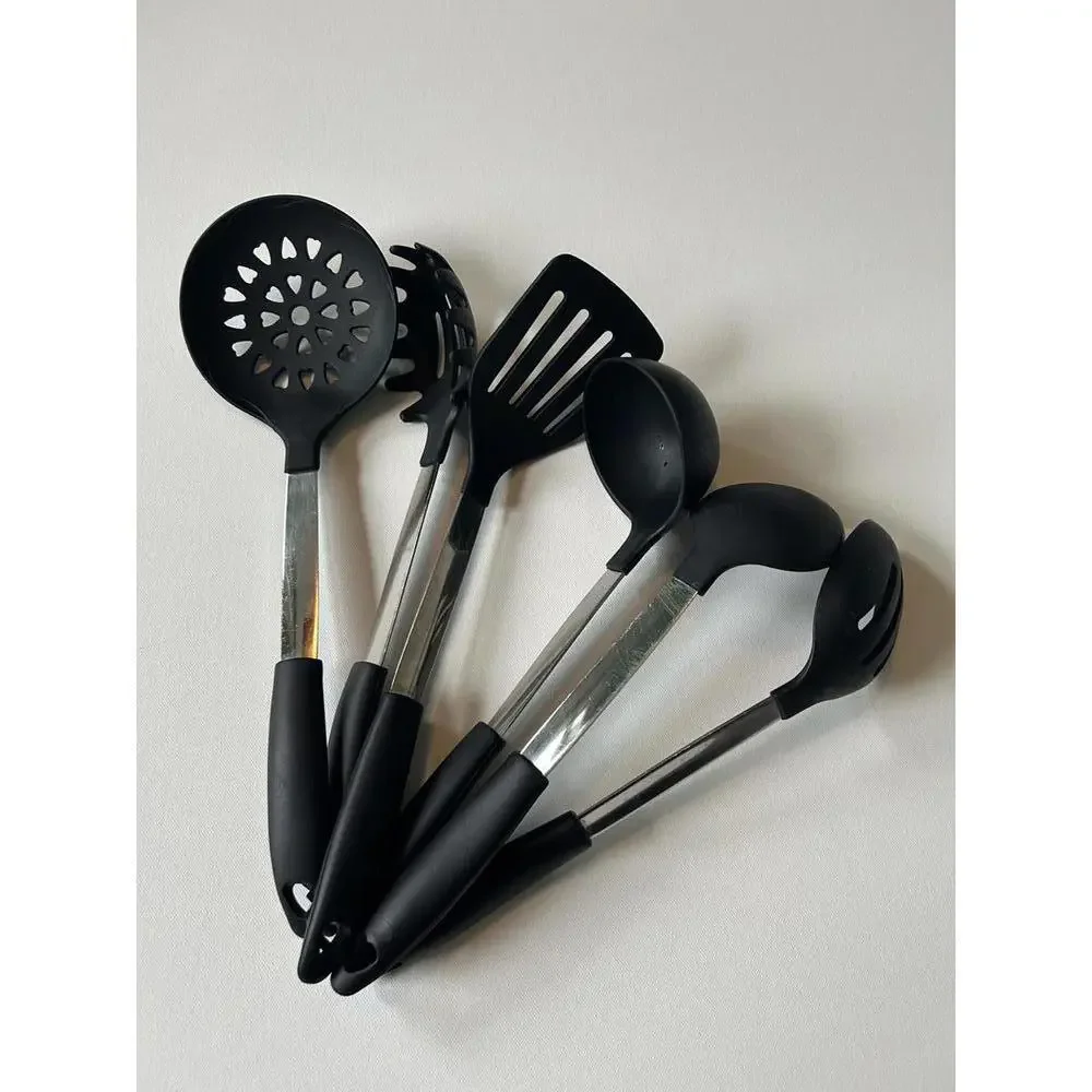 6 piece set of black silicone kitchen utensils with stainless steel handles
